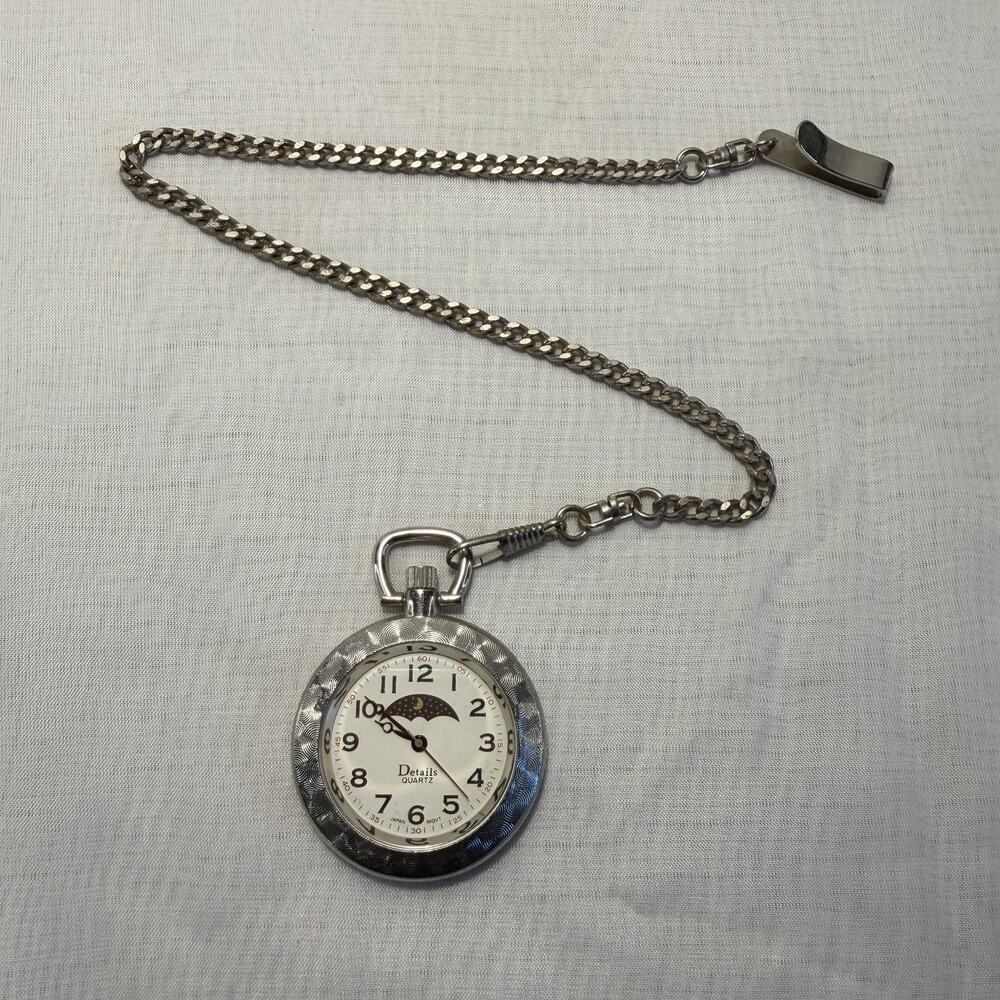 Details Quartz Pocket Watch With Chain Moon Phase Dial Silver Toned Tested Works